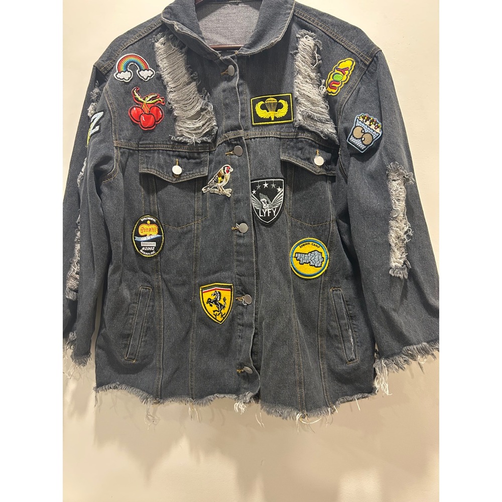 dark charcoal distressed denim with patches size xl